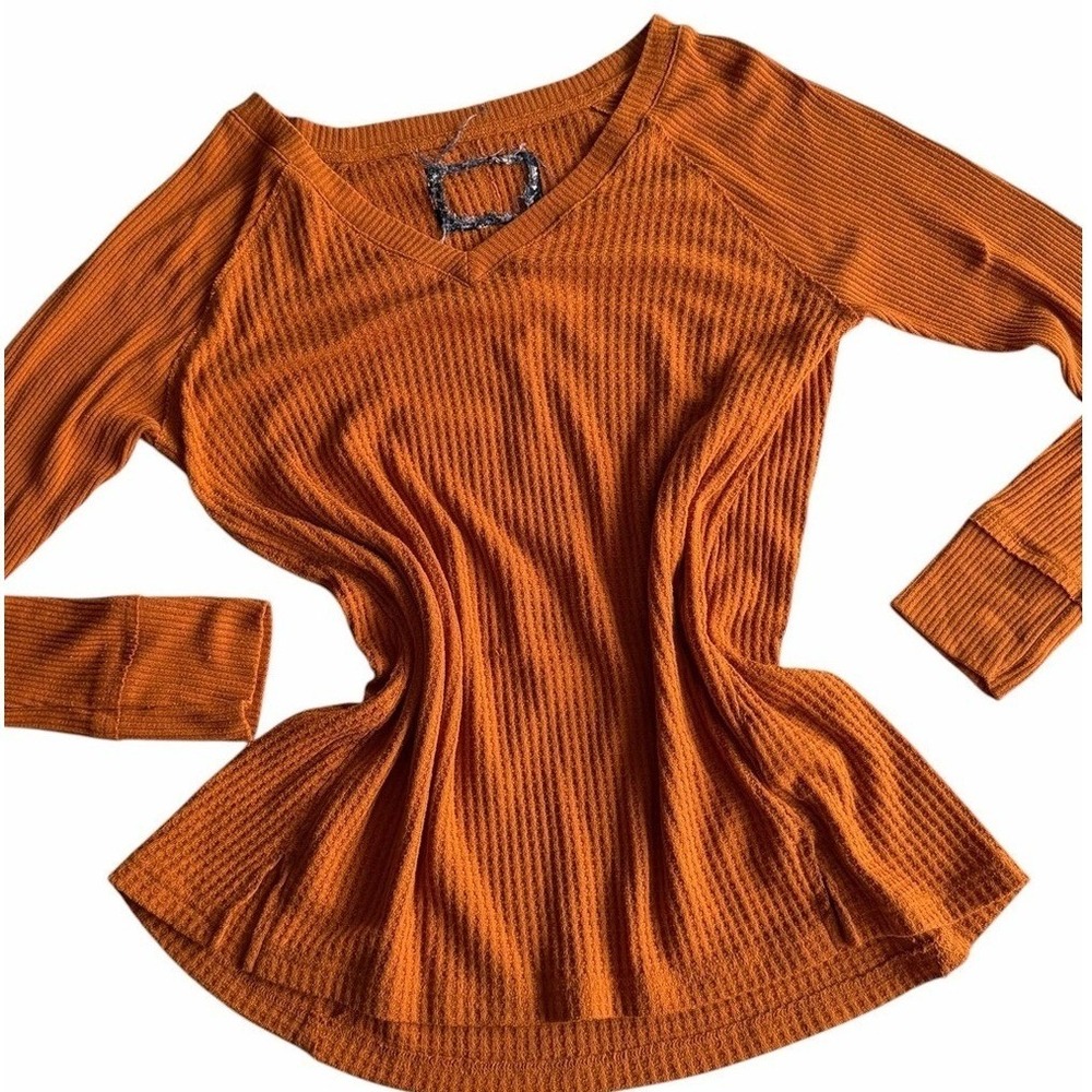 Anthropologie Waffle Knit Top Burnt Orange Longline Vneck Side Slit Grunge M
